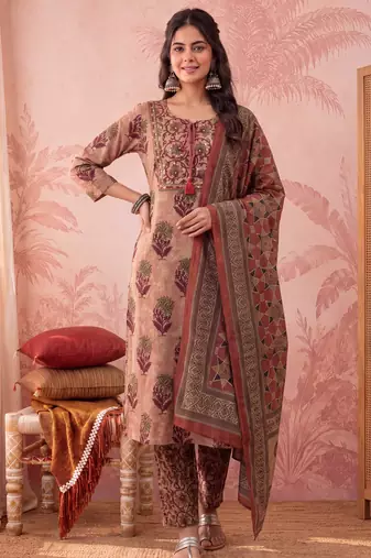 peach straight cotton floral sequins work kurta trouser dupatta set