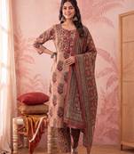 peach straight cotton floral sequins work kurta trouser dupatta set