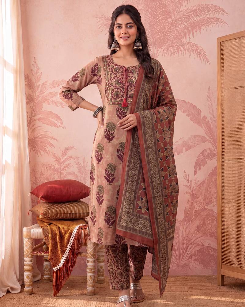 peach straight cotton floral sequins work kurta trouser dupatta set