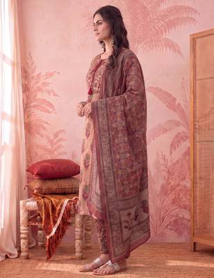peach straight cotton floral sequins work kurta trouser dupatta set 2