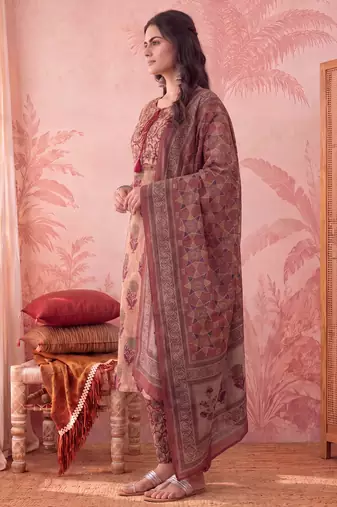 peach straight cotton floral sequins work kurta trouser dupatta set