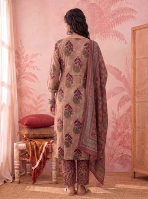 peach straight cotton floral sequins work kurta trouser dupatta set 3