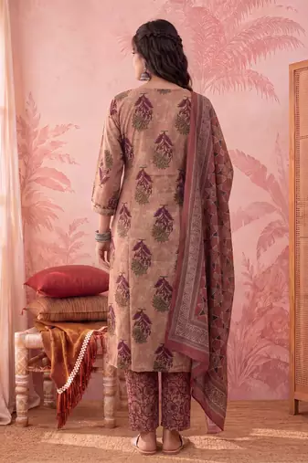 peach straight cotton floral sequins work kurta trouser dupatta set