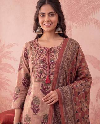 peach straight cotton floral sequins work kurta trouser dupatta set 4