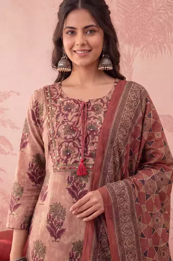 peach straight cotton floral sequins work kurta trouser dupatta set