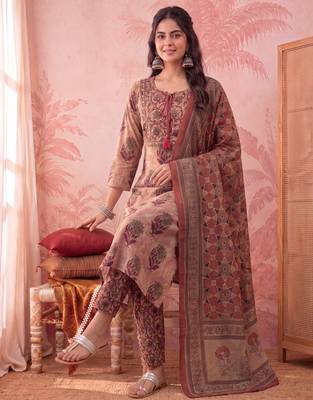 peach straight cotton floral sequins work kurta trouser dupatta set 5
