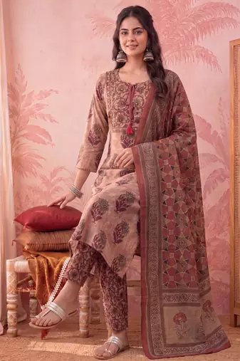 peach straight cotton floral sequins work kurta trouser dupatta set
