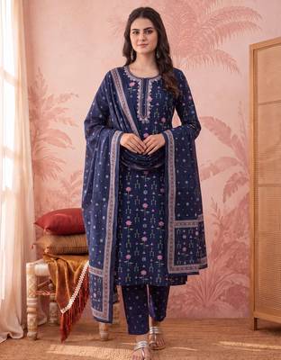 Yufta blue straight pure cotton floral sequins work kurta trouser dupatta set 1
