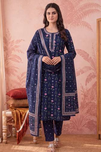 Yufta blue straight pure cotton floral sequins work kurta trouser dupatta set