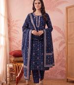 Yufta blue straight pure cotton floral sequins work kurta trouser dupatta set