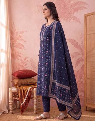 Yufta blue straight pure cotton floral sequins work kurta trouser dupatta set 2