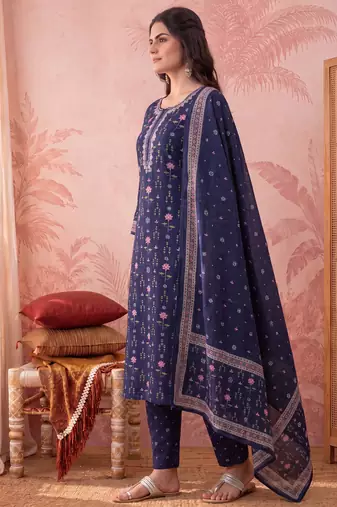 Yufta blue straight pure cotton floral sequins work kurta trouser dupatta set