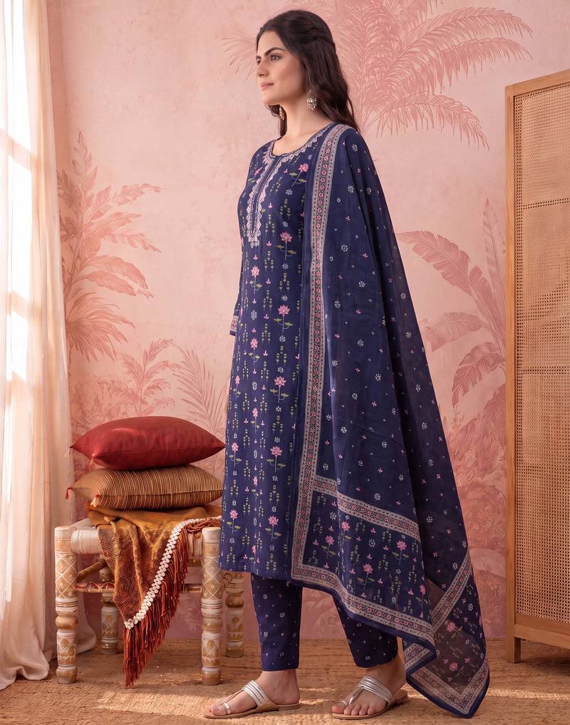 Yufta blue straight pure cotton floral sequins work kurta trouser dupatta set