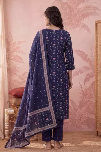 Yufta blue straight pure cotton floral sequins work kurta trouser dupatta set