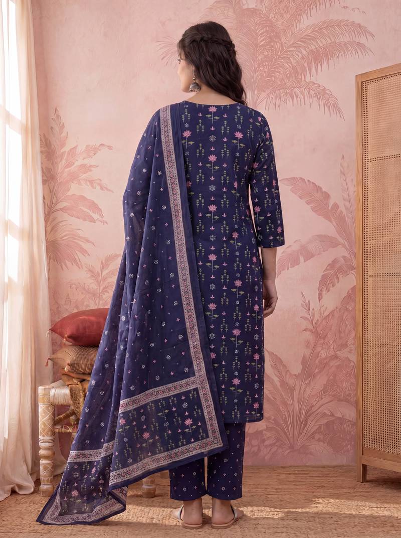 Yufta blue straight pure cotton floral sequins work kurta trouser dupatta set