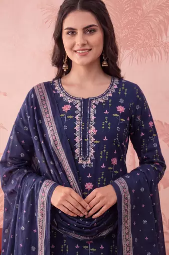 Yufta blue straight pure cotton floral sequins work kurta trouser dupatta set