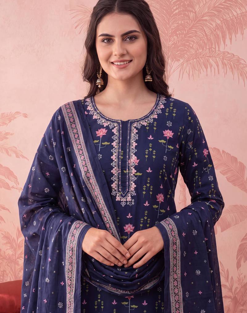 Yufta blue straight pure cotton floral sequins work kurta trouser dupatta set