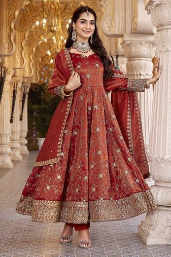Dark orange cosmo silk  party wear embroidery anarkali  suit set