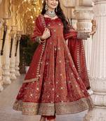 Dark orange cosmo silk  party wear embroidery anarkali  suit set