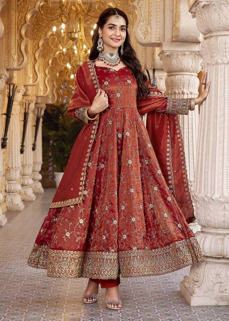 Dark orange cosmo silk  party wear embroidery anarkali  suit set