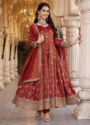 Dark orange cosmo silk  party wear embroidery anarkali  suit set 2
