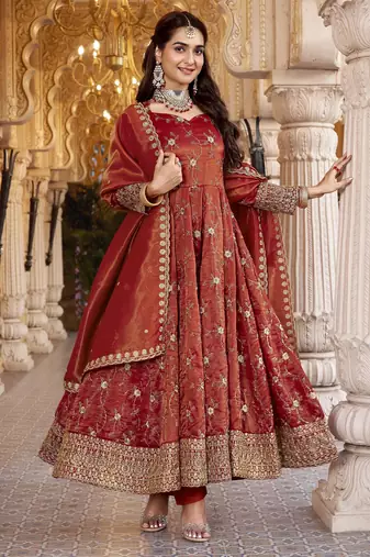 Dark orange cosmo silk  party wear embroidery anarkali  suit set