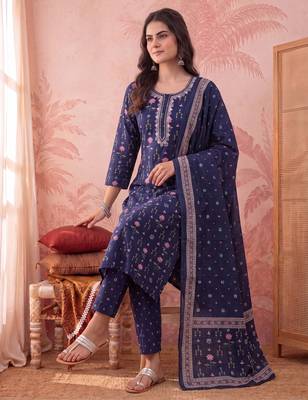 Yufta blue straight pure cotton floral sequins work kurta trouser dupatta set 5