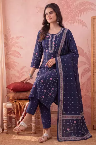 Yufta blue straight pure cotton floral sequins work kurta trouser dupatta set