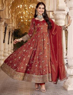 Dark orange cosmo silk  party wear embroidery anarkali  suit set 3