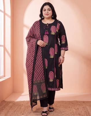 black cotton aline plus size kurta trouser dupatta set 1