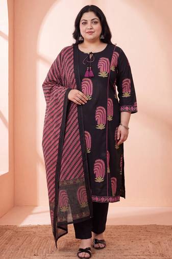 black cotton aline plus size kurta trouser dupatta set