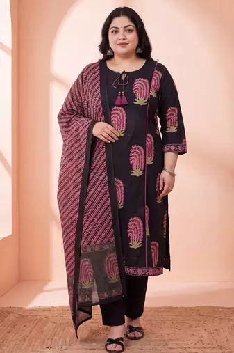 black cotton aline plus size kurta trouser dupatta set