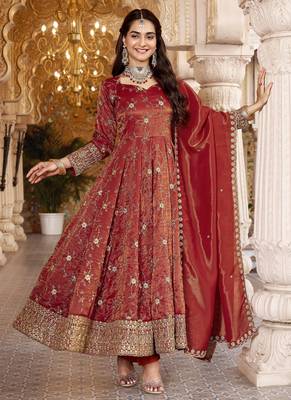 Dark orange cosmo silk  party wear embroidery anarkali  suit set 4