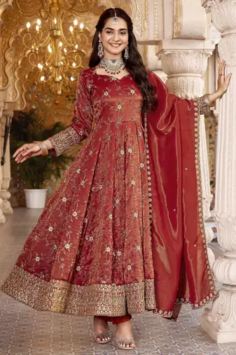 Dark orange cosmo silk  party wear embroidery anarkali  suit set