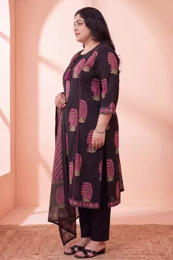 black cotton aline plus size kurta trouser dupatta set