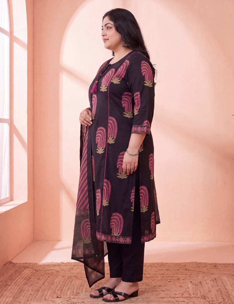 black cotton aline plus size kurta trouser dupatta set