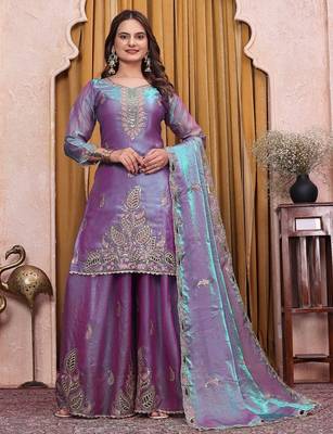 Teal lavender fendy silk party wear sharara suit set 1