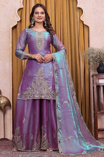 Teal lavender fendy silk party wear sharara suit set