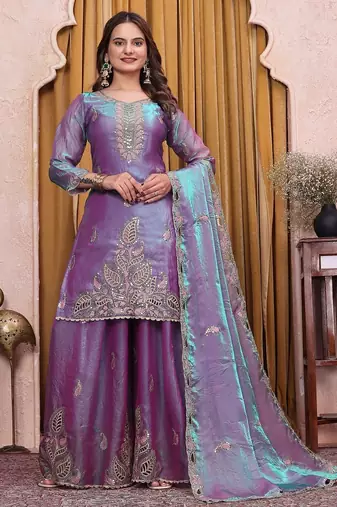 Teal lavender fendy silk party wear sharara suit set