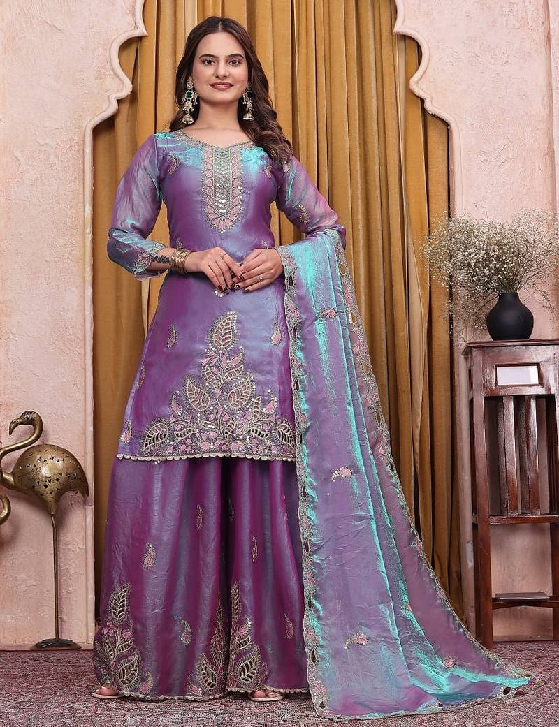 Teal lavender fendy silk party wear sharara suit set