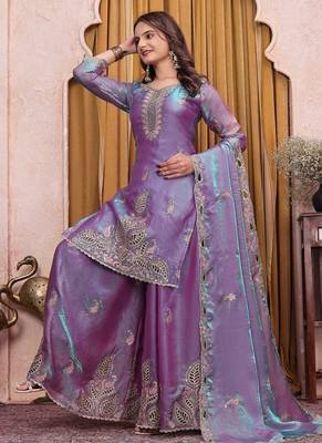 Teal lavender fendy silk party wear sharara suit set 2
