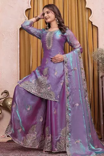 Teal lavender fendy silk party wear sharara suit set