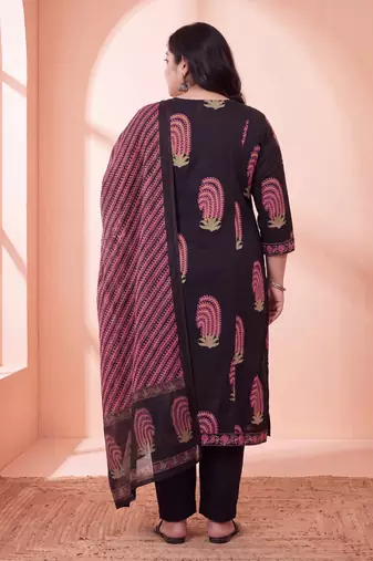 black cotton aline plus size kurta trouser dupatta set