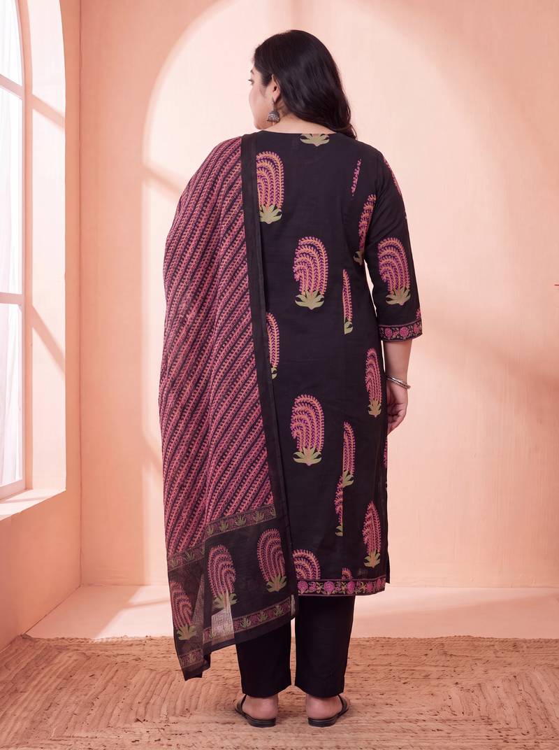 black cotton aline plus size kurta trouser dupatta set