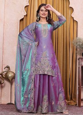 Teal lavender fendy silk party wear sharara suit set 3