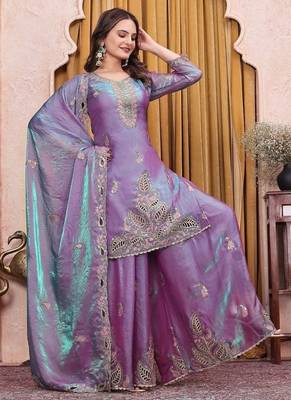 Teal lavender fendy silk party wear sharara suit set 4