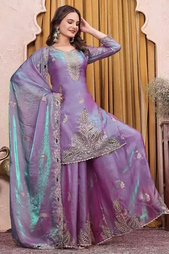 Teal lavender fendy silk party wear sharara suit set