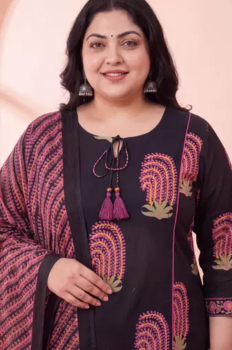 black cotton aline plus size kurta trouser dupatta set