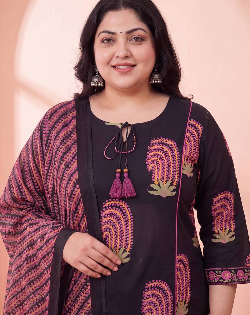 black cotton aline plus size kurta trouser dupatta set