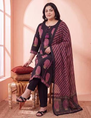 black cotton aline plus size kurta trouser dupatta set 5